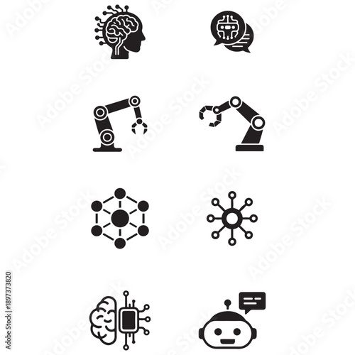 Modern AI and Robotics Solid Icon Set: Neural Circuits, Industrial Robot Arms, and Smart Bot Symbols