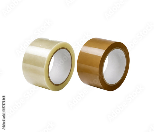 Clear and brown packing tape rolls isolated on white background for logistics