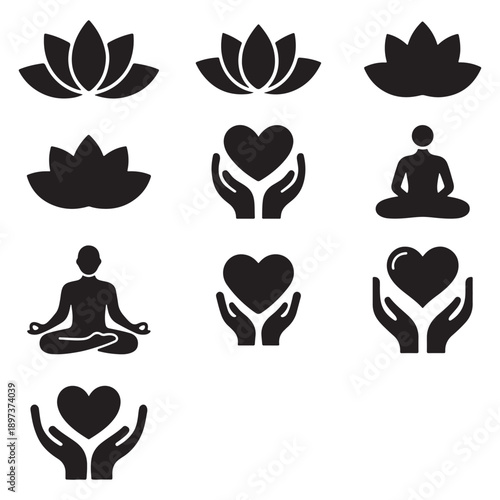 Mindfulness and Wellness Icon Set: Meditation, Lotus Flower, and Self-Care Symbols
