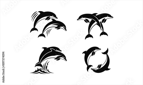 Two dolphins jumping together vector silhouette illustration design set collection, two dolphins silhouette, pair of dolphins jumping vector, dolphins leaping together silhouette, dolphin
