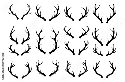 Collection of black deer antlers silhouettes vector icons set