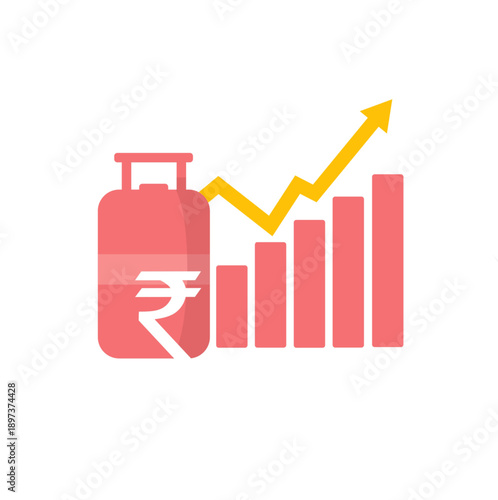Vector graphic of a pink LPG gas cylinder with the Indian Rupee symbol and a rising bar chart. Icon representing increasing fuel prices, energy inflation, and higher cost of living.