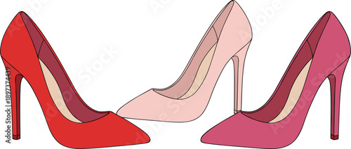 Elegant high heel stiletto shoes set in red and pink colors for fashion beauty retail branding and footwear.