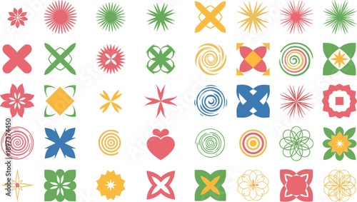 Colorful abstract geometric shapes collection, modern vector floral icons set, vibrant symmetrical design elements for branding patterns backgrounds and textiles