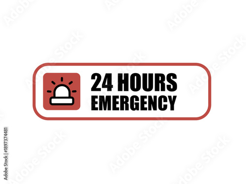 Professional red and black banner icon for 24 hours emergency services. Graphic featuring a siren alert symbol representing round-the-clock urgent assistance, safety, and medical support.