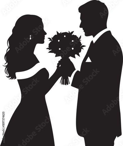 Silhouette of happy groom giving bouquet of flowers to smiling bride. wedding ceremony celebration with newlyweds