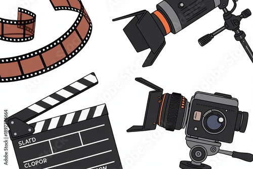 Collection of film and video production elements including film reel clapperboard and camera with spotlight flat vector illustration for media and entertainment