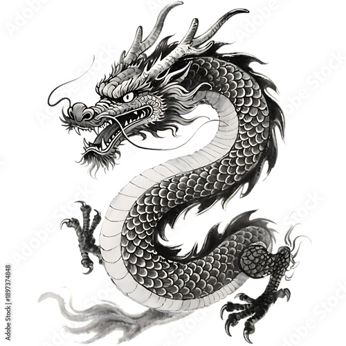 Mystical Dragon: An intricately detailed illustration of a majestic dragon, embodying power and mystique. The artwork is characterized by elaborate scales, sharp claws, and a commanding pose.