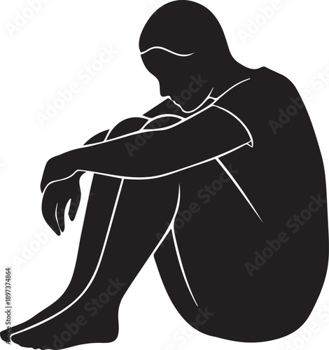 Silhouette of person sitting curled up in fetal position appearing sad lonely thoughtful isolated on checkered background