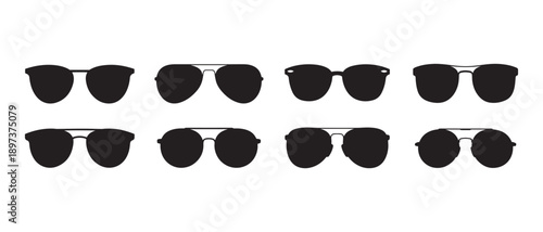 Assortment of Black Sunglasses, Various Styles, Isolated on White Background, Minimalist Design.