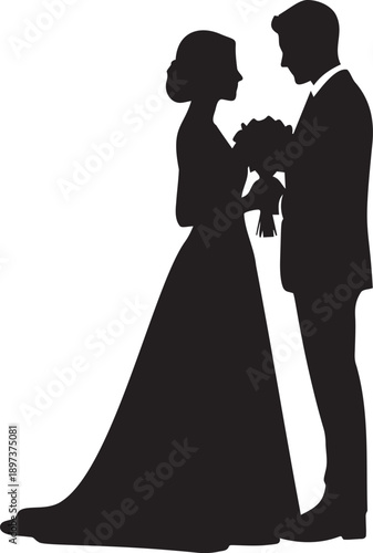 Silhouette of elegant bride and groom holding flowers, symbol of wedding, love, and romantic celebration