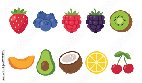 Colorful flat vector illustration set of fresh fruits including strawberry, blueberry, raspberry, blackberry, kiwi, avocado, coconut, lemon and cherry, healthy food icons for design