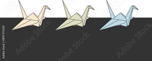 Minimalist origami crane icons in peach sage green and pale blue for zen branding and peaceful graphic design.