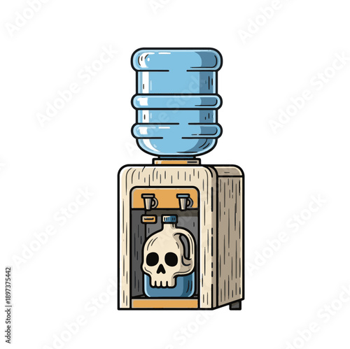 Cartoon water cooler with skull design on white background