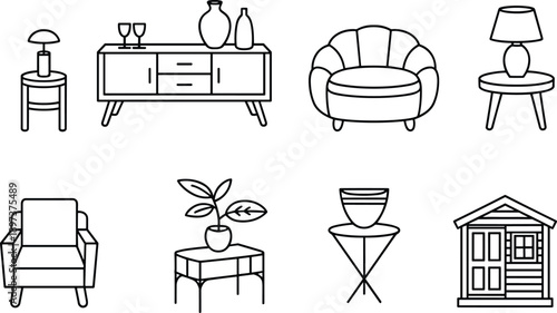 Furniture decor illustration, home interior icons, modern house furnishing art, lamp chair sofa cabinet plant table, architectural design decor reference