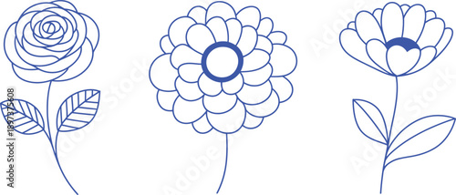 Three blue line flowers on white background simple