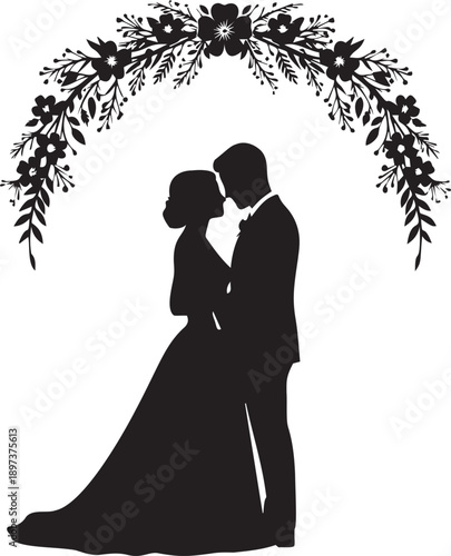 Wedding couple silhouette with floral arch, romantic illustration of bride and groom under flower wreath