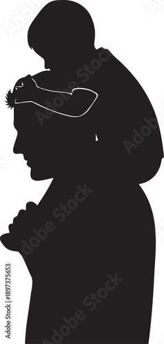 Father carrying son on shoulders, side profile silhouette vector illustration of dad and child playing