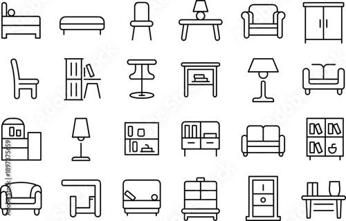 Furniture icon set, home decor illustration, interior design symbols, bed chair sofa table lamp cabinet bookshelf, modern house furnishing art