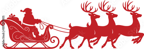 Red Santa Claus sleigh silhouette with flying reindeer for Christmas holiday greeting card design and festive winter celebration.