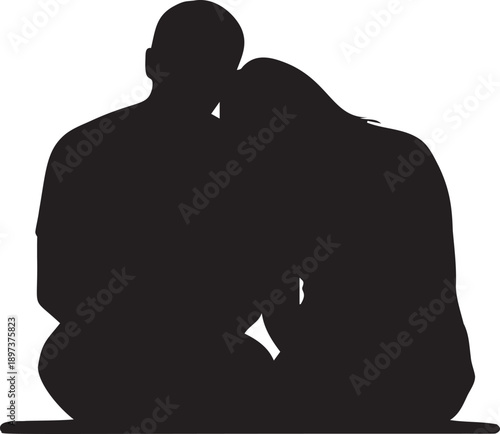 Silhouette illustration of young couple sitting closely together sharing intimate moment of love and connection on dark background