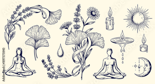 Vintage hand-drawn spiritual and wellness elements: meditating figures, botanicals, sun, moon, candles