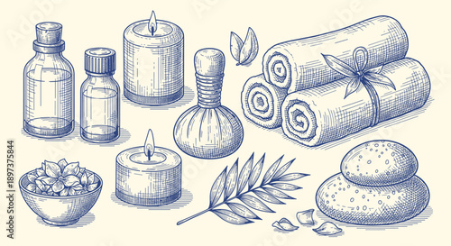 Elegant hand-drawn illustration of spa and wellness essentials including aromatic oils, soothing candles, plush towels, and natural elements for a tranquil relaxation experience.