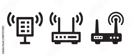 Collection of Wireless Internet Router and Hotspot Icons Transmitting Signals, Isolated on White Background.