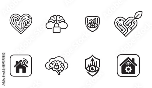 Minimal line icons set of home security, smart house, health care and protection symbols, modern outline vector collection for user interface, web design, app and infographic use
