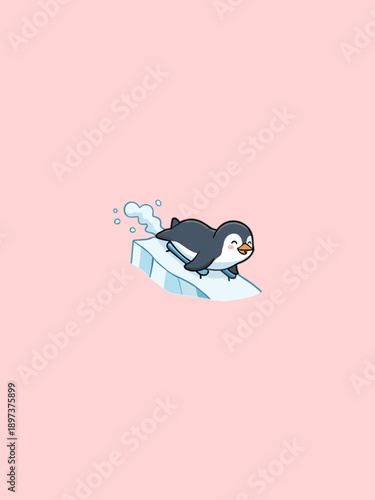 Charming cartoon penguin sliding on ice on pastel background