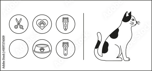Sitting cat line art illustration with pet grooming icons including scissors clippers bowl and paw heart symbol set.