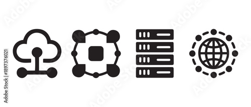 Digital Network Technology Icons. Cloud, Data Center Servers, Global Connection, and Data Transfer Systems.