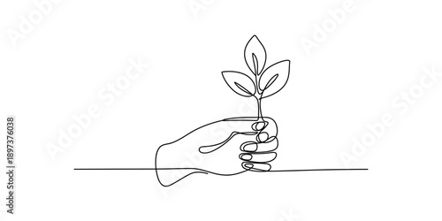 One line drawing of a hand holding a small plant symbolizing growth and environmental care Vector, illustration