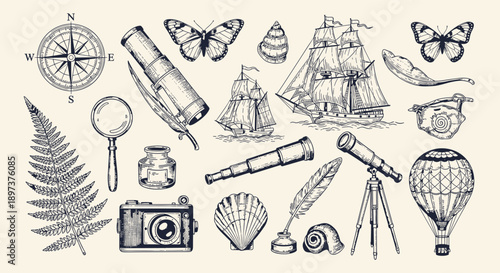 Vintage hand-drawn collection of exploration and travel elements including compass, ships, telescopes, butterflies, and nature motifs, perfect for historical and adventure-themed designs.