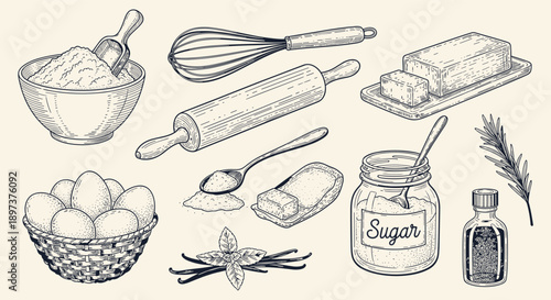 Hand-drawn vintage baking ingredients and tools illustration: flour, eggs, butter, sugar, vanilla, whisk, rolling pin, spoon, perfect for culinary designs.