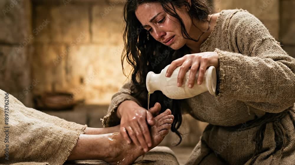 Woman Repent Emotional Biblical Scene of Crying Woman Mary Magdalene Washing Feet of ...