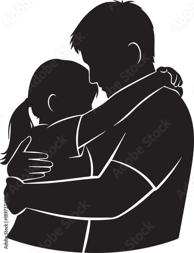 Father hugging his young daughter silhouette showing emotional parental bond and protection for family and childhood themes