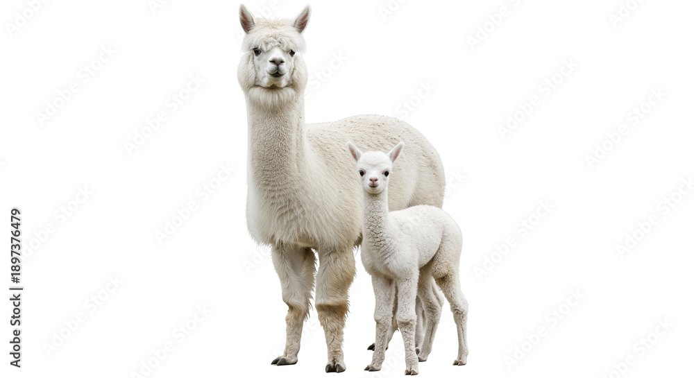 Fototapeta premium Adult Huacaya Alpaca stands with its cria on a plain background during the day