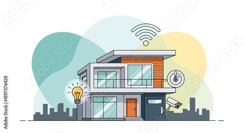 Modern smart home automation featuring integrated security, climate control, wireless connectivity, and energy-efficient lighting systems conceptualized.