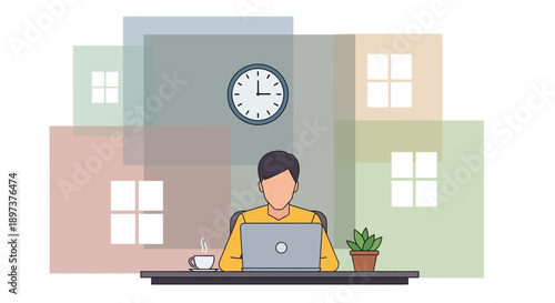 Focused individual diligently working on a laptop at a desk with a clock indicating time management importance for remote success.