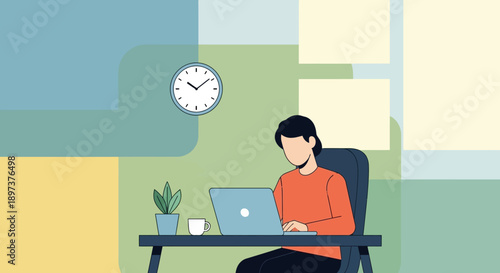 Stylized illustration of a focused individual working diligently on a laptop at a desk, emphasizing productivity and deadlines.