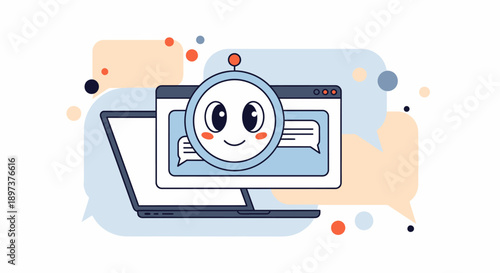 Adorable cartoon chatbot interface featuring a happy face superimposed over a laptop screen displaying message bubbles for communication.