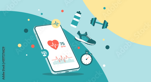 Smartphone displaying vital health metrics alongside icons representing running, weightlifting, and hydration for fitness tracking applications.