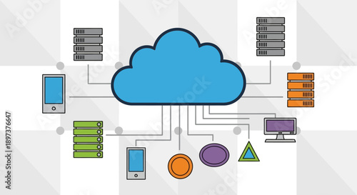 Conceptual diagram illustrating modern cloud computing infrastructure connecting various digital devices and data storage servers securely online.