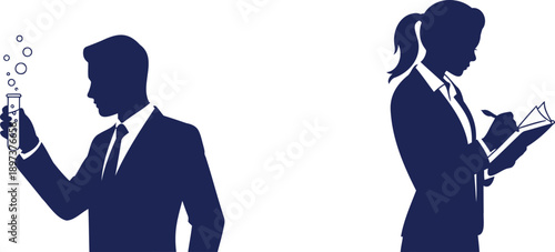 Man with test tube and woman writing science research