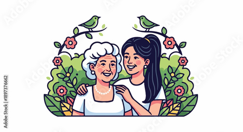 Illustration of a grandmother and granddaughter embracing, smiling amidst flowers and birds, symbolizing family care