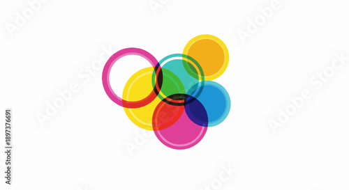 Vibrant overlapping translucent circles and rings in various colors, creating new hues where they intersect