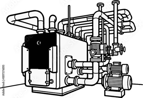 Black and white line art of a complex industrial boiler or heating system with pipes, pumps, and valves