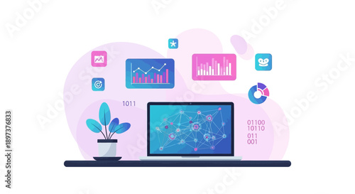 Modern digital illustration depicting a laptop processing complex data visualizations and analytical charts within a technological workflow environment.