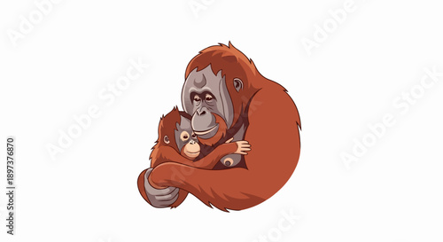 An endearing illustration of a mother orangutan affectionately embracing her baby. Pure white background